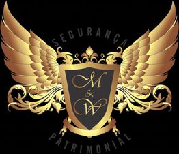 Logo dourado com asas, escudo e as letras "M & W", escrito "Segurança Patrimonial".