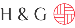 Schwarzer Text "H & G" und ein rotes Kreis-Logo mit geometrischen Linien rechts daneben.