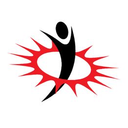Abstrakte schwarze Figur mit rotem, gezacktem Kreis, der Energie und Bewegung darstellt.