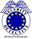 Abzeichen mit Flügeln und Sternen, Text: "Security Detective, Detektei Winkler".