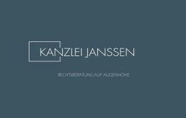 Blaues Logo mit "KANZLEI JANSSEN" und Text "RECHTSBERATUNG AUF AUGENHÖHE".