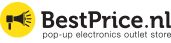 Gele cirkel met megafoon en tekst: "BestPrice.nl, pop-up electronics outlet store".