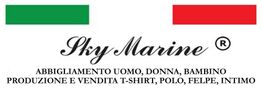Logo "Sky Marine" con bandiere italiana e testo su produzione di abbigliamento vario.