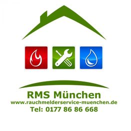 Logo von RMS München mit Symbolen für Feuer, Reparatur und Wasser. Webseite und Telefonnummer angegeben.