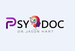 Logo featuring "PsyDoc Dr. Jason Hart" with a colorful, stylized head design in the center.