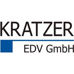 Logo von KRATZER EDV GmbH mit schwarzem Text und blauem Element.