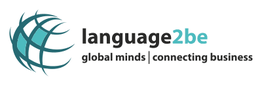 Logo von language2be mit Slogan "global minds | connecting business". Symbol: Globus-Design.
