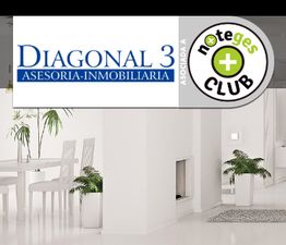 Logos de Diagonal 3 y NoteGes Club sobre un fondo de interior blanco moderno con plantas.