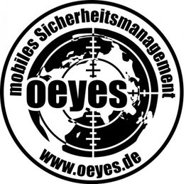 Schwarz-weißes Logo mit Weltkarte, Zielfernrohrkreuz und Text: "mobiles Sicherheitsmanagement".