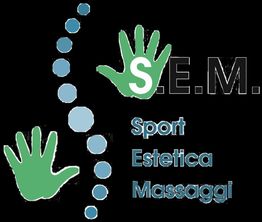 Due mani verdi e una colonna di cerchi con testo "S.E.M. Sport, Estetica, Massaggi".