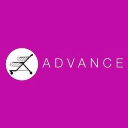 Shopping cart with "ADVANCE" text on pink background.