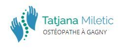 Logo avec deux mains et colonne vertébrale, texte: Tatjana Miletic, Ostéopathe à Gagny.