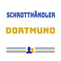 Text: "Schrotthändler Dortmund" in blau und gelb mit zwei Silhouetten und Streifen darunter.
