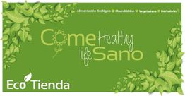 Fondo verde con texto: "Come Healthy Life Sano". Logo "Eco Tienda". Hojas decorativas alrededor.