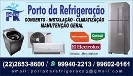Imagem publicitária da Porto da Refrigeração com contatos e marcas de eletrodomésticos.