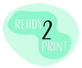 Groene vorm met de tekst "Ready 2 Print" in witte en zwarte letters.