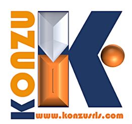 Logo con testo "KONZU" e sito web "www.konzusrls.com" in arancione e blu.