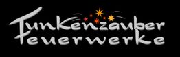 Bild mit dem Logo "Funkenzauber Feuerwerke" auf schwarzem Hintergrund, umrahmt von Sternen.