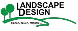 Logo mit zwei Bäumen, Text: "LANDSCAPE DESIGN", darunter "planen, bauen, pflegen...".