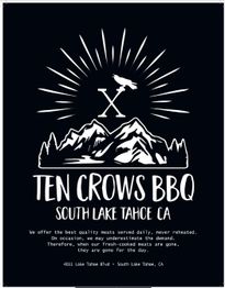 Ten Crows BBQ menu: Mountain logo, BBQ text, South Lake Tahoe CA location, and address below.