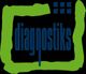 Text "diagnostiks" in Blau, umrahmt von einem grünen Rahmen und blauen Quadraten oben rechts.