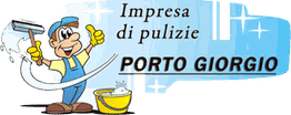 Operatore sorridente con attrezzi per pulizia, logo "Impresa di pulizie PORTO GIORGIO".