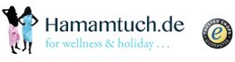 Hamamtuch.de Logo mit zwei Tüchern, Text "for wellness & holiday", und einem Trusted Shop-Siegel.