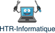 Un ordinateur souriant tenant un tournevis et une clé, texte en dessous : "HTR-Informatique".