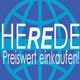 Logo mit Schriftzug "HEREDE" und Slogan "Preiswert einkaufen!" vor blauem Globus-Hintergrund.