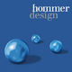 Drei blaue Kugeln vor blauem Hintergrund mit dem Schriftzug "hommer design" oben rechts.