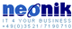 Logo der Firma neonik mit Slogan und Telefonnummer in Blau.