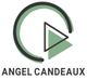 Abstraktes Logo, schwarzer Kreis und grünes Dreieck mit Text: "Angel Candeaux".
