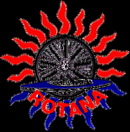 Ein schwarzes Rad mit roten Flammen und dem blauen Wort "ROTANA" im Vordergrund.