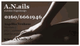 Visitenkarte von A.N.ails mit Kontaktinformationen und Bild einer Hand auf einem Rücken.