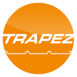 Orange Logo mit weißem Text "TRAPEZ" und stilisiertem Linienmuster darunter.