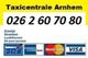Taxicentrale Arnhem, telefoonnummer 026 2 60 70 80, 24-uurs service, accepteert pin en creditcards.
