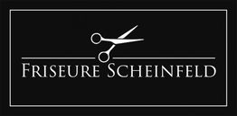 Logo mit weißen Scheren über dem Text "Friseure Scheinfeld" auf schwarzem Hintergrund.