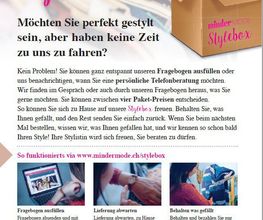 Flyer mit Werbung für die "Minder Mode Stylebox" inklusive Beschreibung und Bildern.