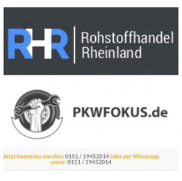 Logos von Rohstoffhandel Rheinland und PKWFOKUS.de mit Kontaktinformationen für Anrufe und WhatsApp.