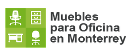Logo de "Muebles para Oficina en Monterrey" con iconos de muebles en fondo verde.