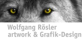 Wolfgesicht mit gelben Augen, darunter Text: "Wolfgang Rösler artwork & Grafik-Design".
