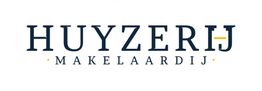 Logo van Huyzerij Makelaardij, witte achtergrond, zwarte en gele accenten.