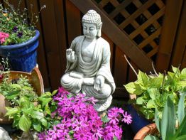 Buddha-Statue in einem Garten, umgeben von bunten Blumen und Pflanzentöpfen vor einem Holzzaun.
