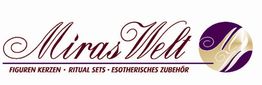 Logo mit Schriftzug "Miras Welt", Symbole: Kerzen, Rituale, Esoterisches Zubehör.