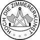 Emblem mit zwei gekreuzten Äxten und einem Winkelmesser; Text: "Hoch die Zimmererkunst".