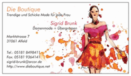 Visitenkarte für "Die Boutique" mit farbiger Zeichnung einer Frau in modischer Kleidung.