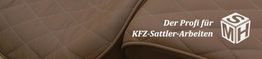 Braunes, gestepptes Leder mit Text: "Der Profi für KFZ-Sattler-Arbeiten" und Logo.