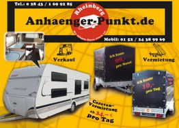 Anhänger-Werbung mit Preisen: 99€/Monat, 10€/Tag, Campingwagen ab 34€/Tag, Verkauf und Vermietung.