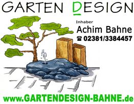 Garten-Design-Logo mit Baum, Kiesel und Wasser; Text: Inhaber Achim Bahne, www.gartendesign-bahne.de.