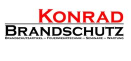 Konrad Brandschutz-Logo mit Text: Brandschutzartikel, Feuerwehrtechnik, Seminare, Wartung.
